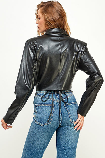 faux leather wrap crop jacket