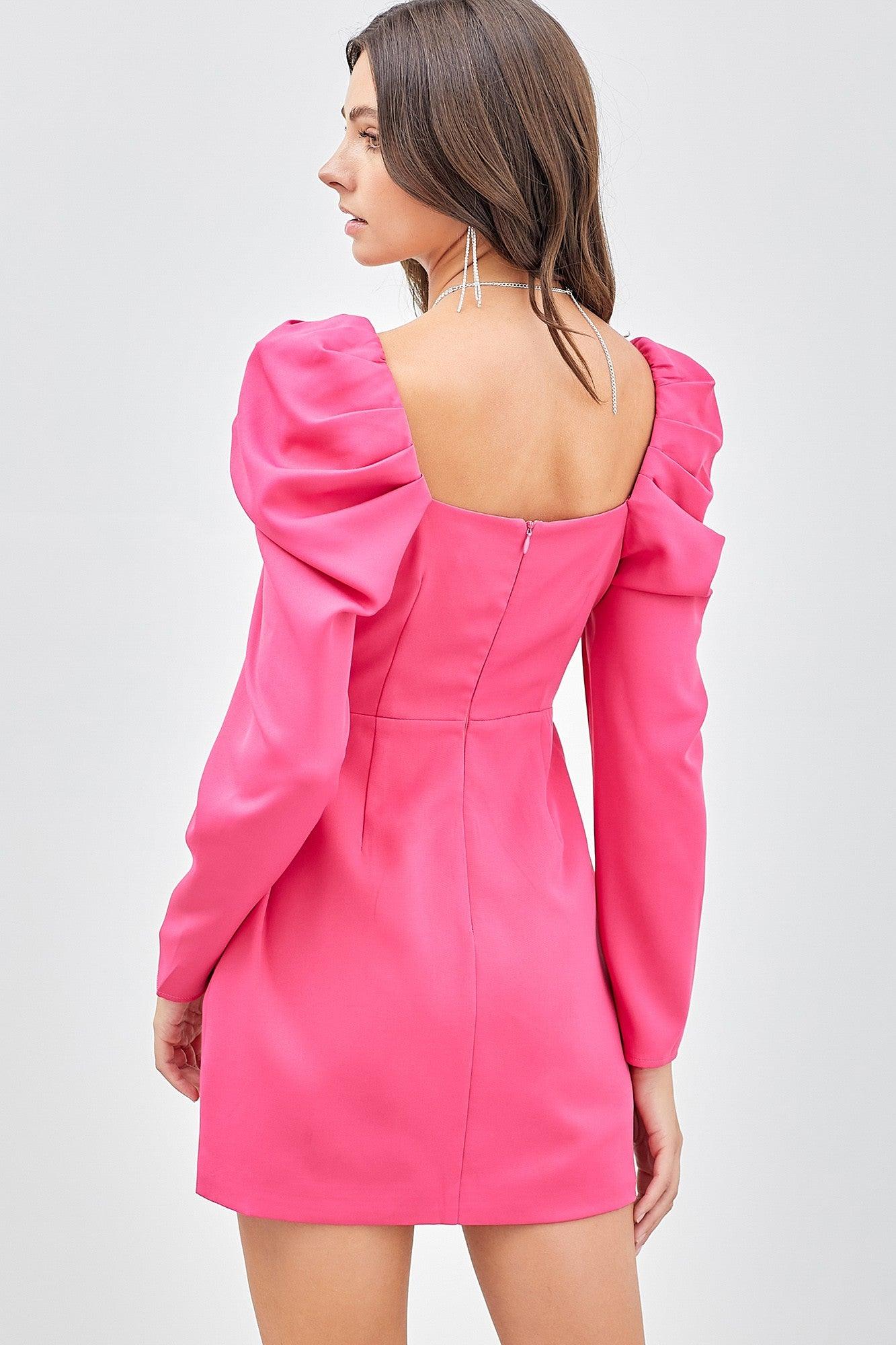 long sleeve rhinestone trim V neck puff shoulder dress - RK Collections Boutique
