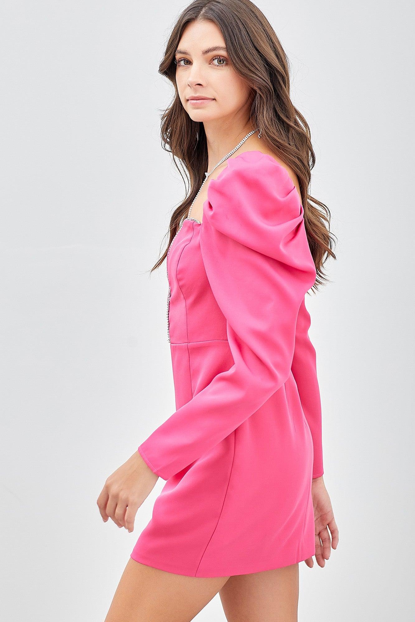 pink long sleeve rhinestone dress Long Sleeve Crystal Ruched Dress Pink