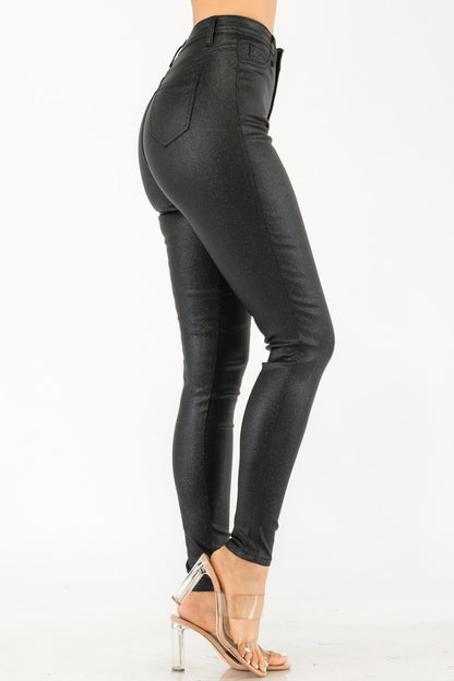 stretch high waist faux leather glitter skinny pant