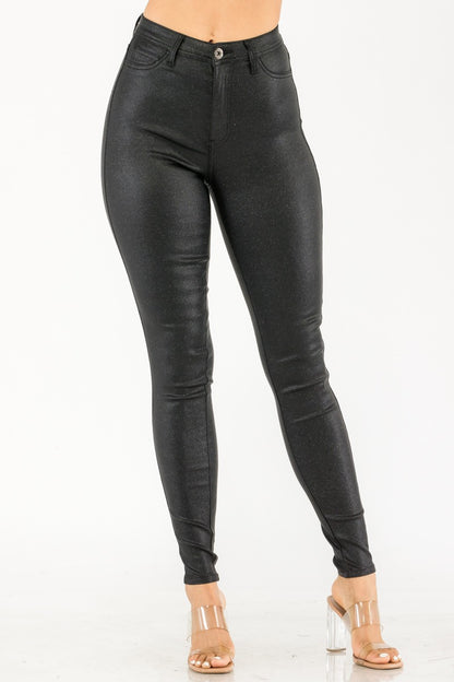 stretch high waist faux leather glitter skinny pant