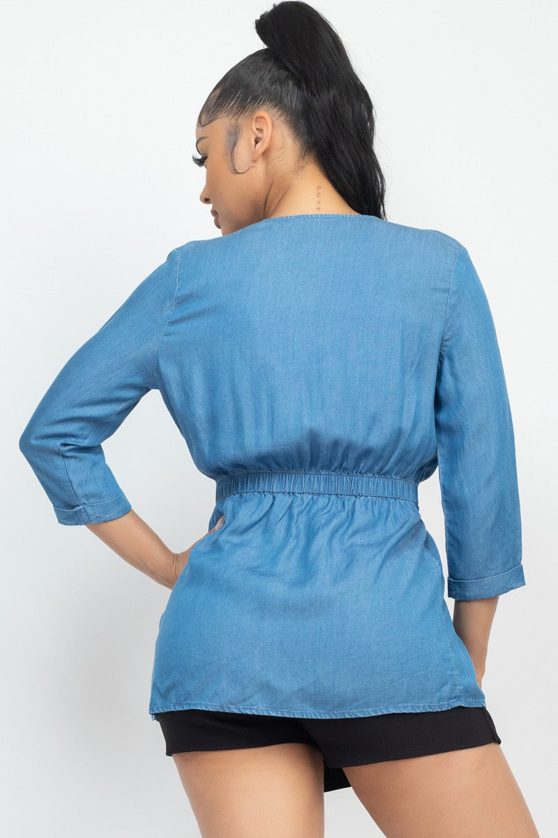 Front Waist-tie Lyocell Chambray Jean Jacket