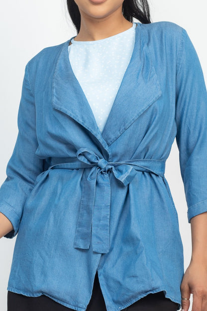Front Waist-tie Lyocell Chambray Jean Jacket