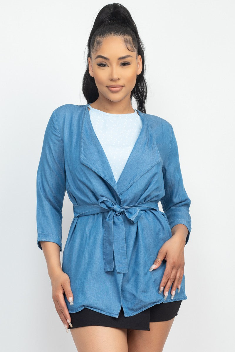 Front Waist-tie Lyocell Chambray Jean Jacket