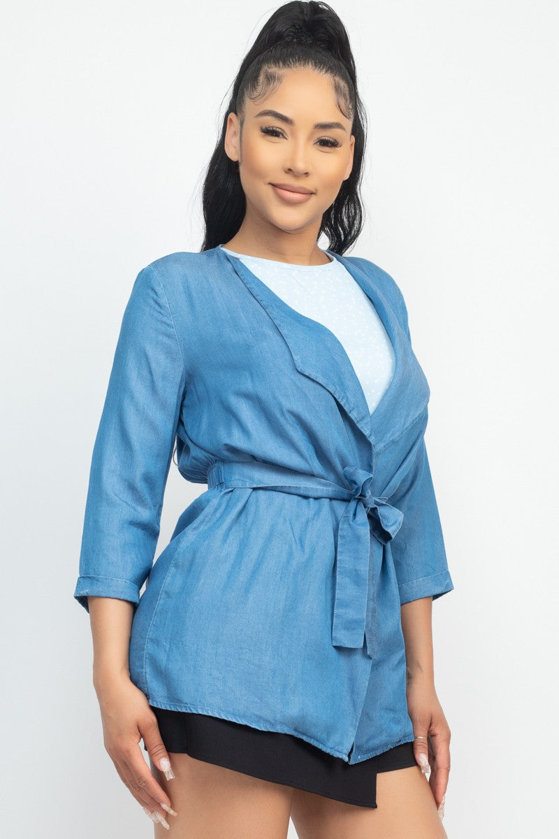 Front Waist-tie Lyocell Chambray Jean Jacket