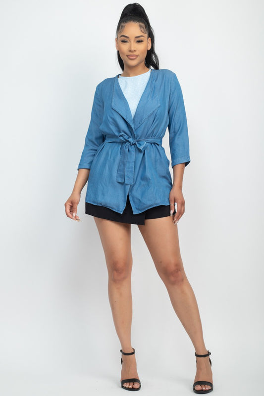 Front Waist-tie Lyocell Chambray Jean Jacket