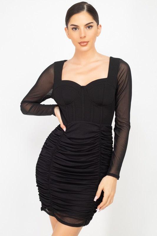 mesh long sleeve ruched bodycon dress