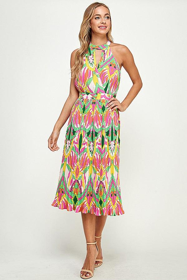 Print Sleeveless Pleated Midi Dress - RK Collections Boutique