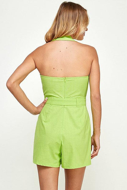 Halter Neck Romper with Cut Out and Belt - RK Collections Boutique