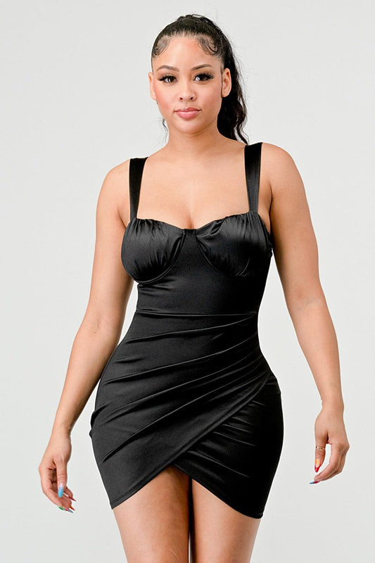 sleeveless satin bustier ruched dress