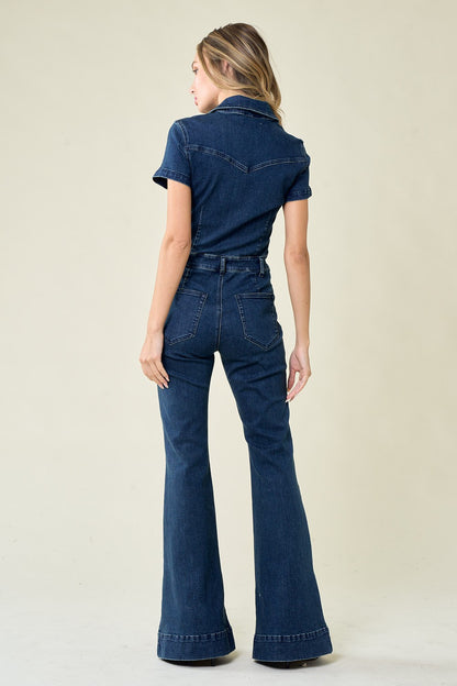 Short Sleeve Denim Flared Jumpsuit