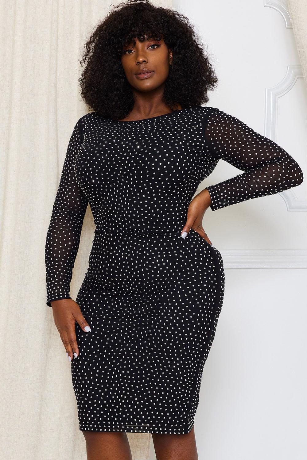 PLUS rhinestone studded sheer long sleeve midi dress - RK Collections Boutique