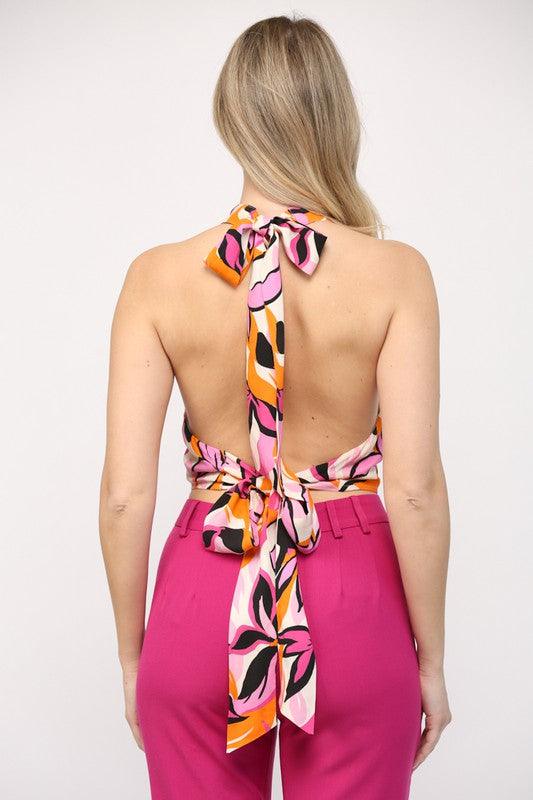 abstract floral tie back crop halter top