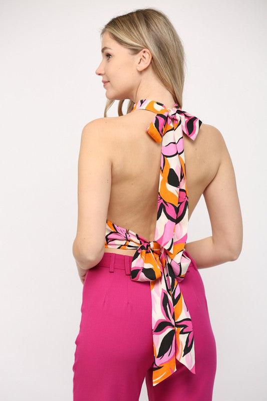 abstract floral tie back crop halter top