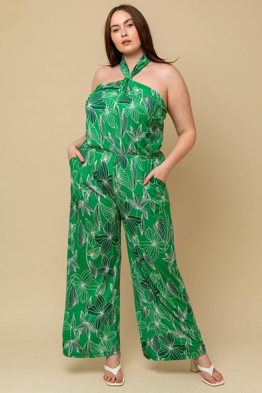 PLUS leaf print halte jumpsuit - RK Collections Boutique