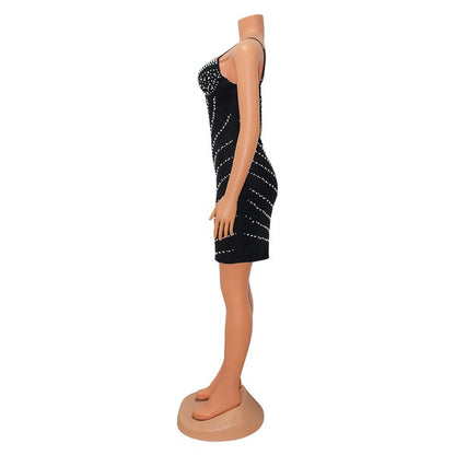 pearl & rhinestone sleeveless mini dress