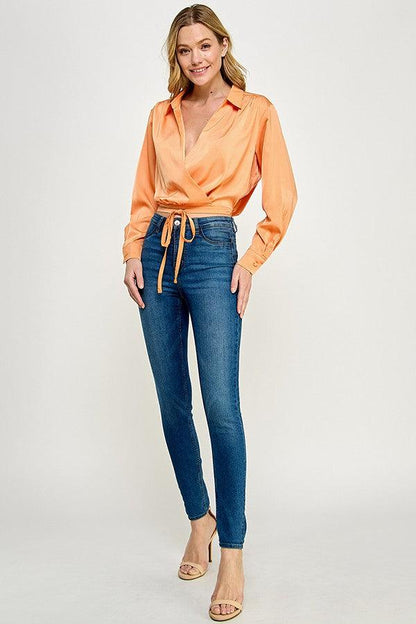 Long Sleeve Surplice Top with Waist String - RK Collections Boutique