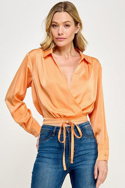 Long Sleeve Surplice Top with Waist String - RK Collections Boutique