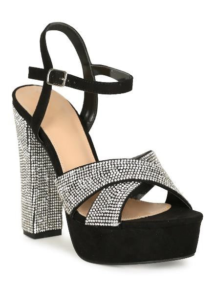 rhinestone heel & toe strap block heel platform shoe