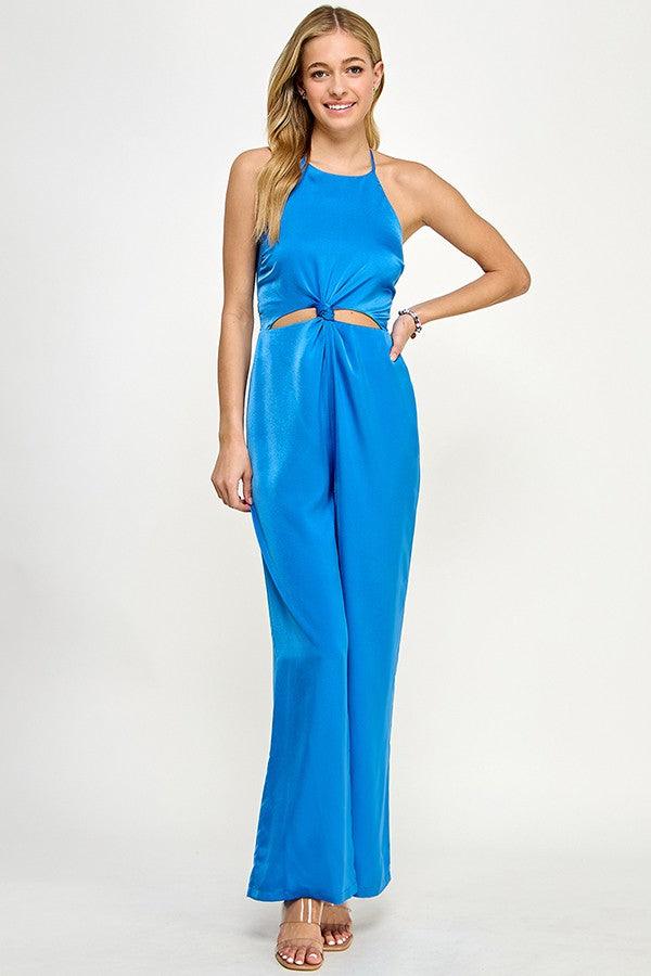 Halter Neck Jumpsuit with Knotted Waist - alomfejto