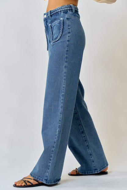 braided patch pocket wide leg jeans