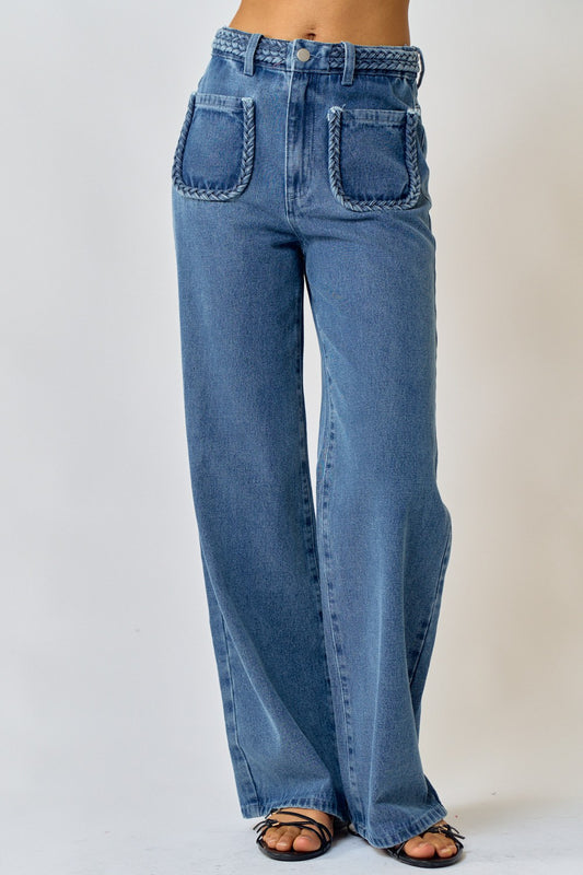 braided patch pocket wide leg jeans