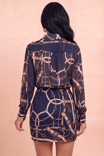 Baroque Print Long Sleeve Woven Shirt Dress