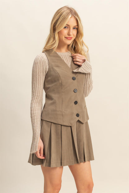 V-neck Buttoned Vest With Pleated Skirt Dress