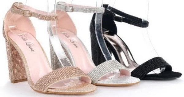 rhinestone block heel ankle strap shoe