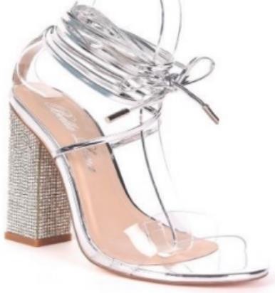 metallic leg wrap rhinestone chunky heel clear strap shoe