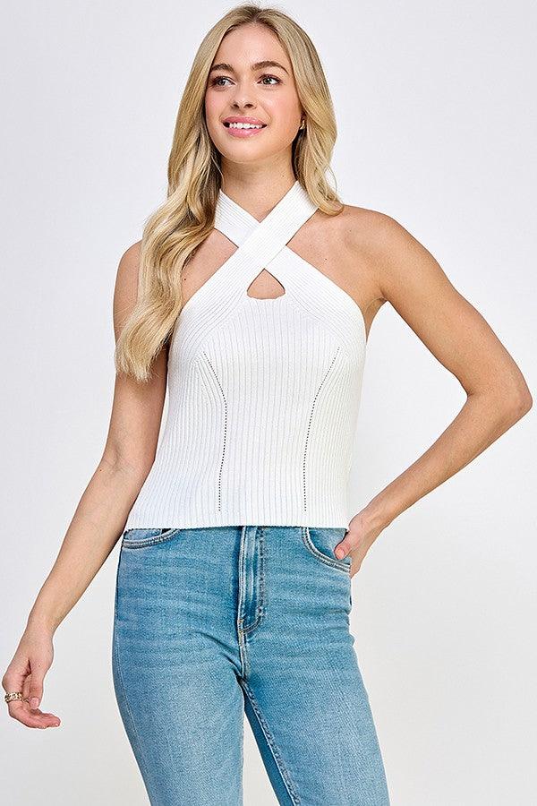 Ribbed Knit Criss Cross Halter Top - RK Collections Boutique