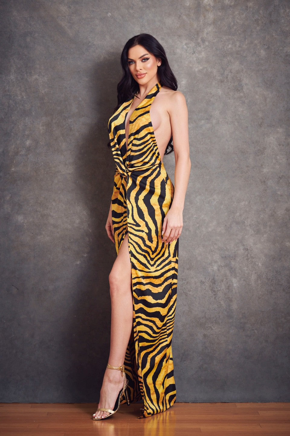 Satin Zebra Print Halter Maxi Dress