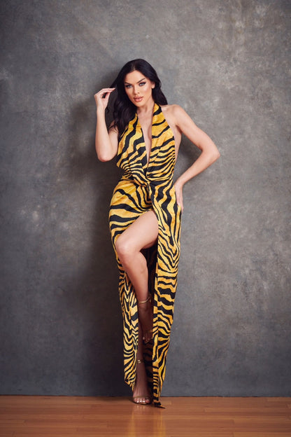 Satin Zebra Print Halter Maxi Dress