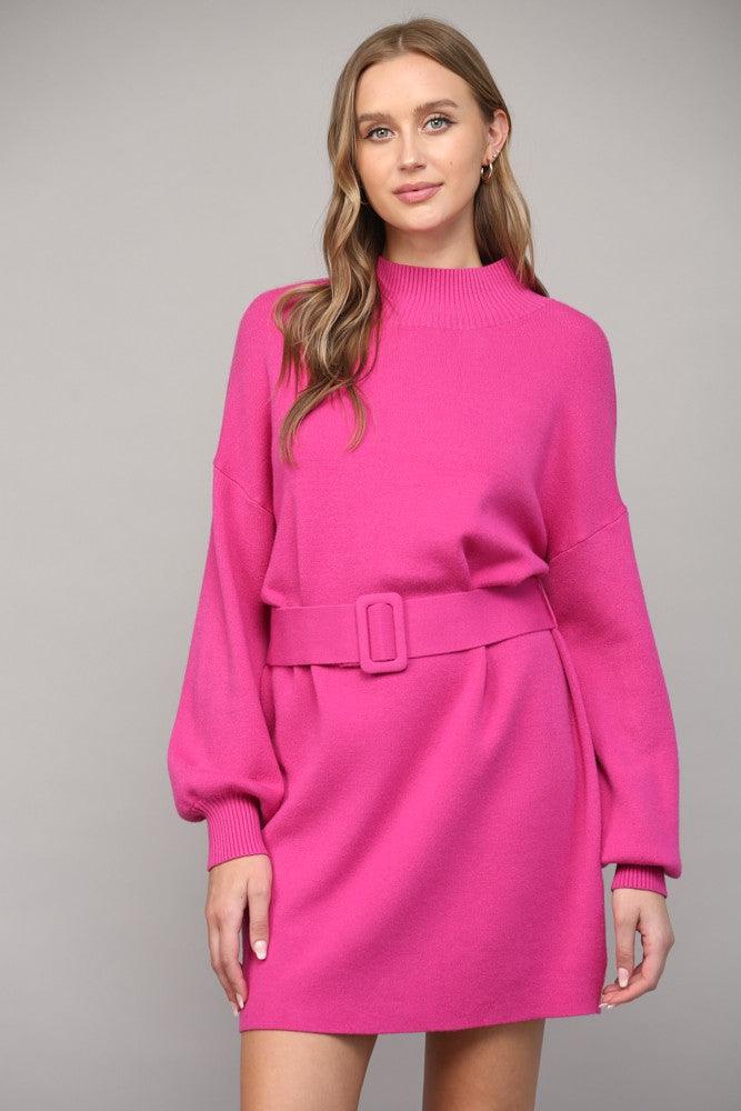 Mock Neck Belted Sweater Dress Hot Pink / Medium Mock Neck Belted Sweater Dress Hot Pink / Medium