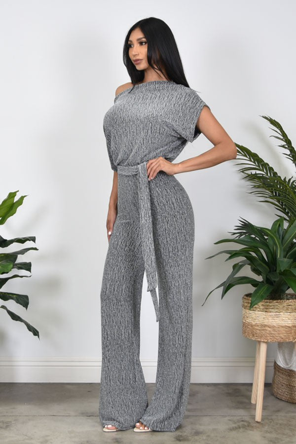 metallic off the shoulder jumpsuit