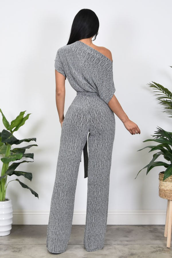 metallic off the shoulder jumpsuit