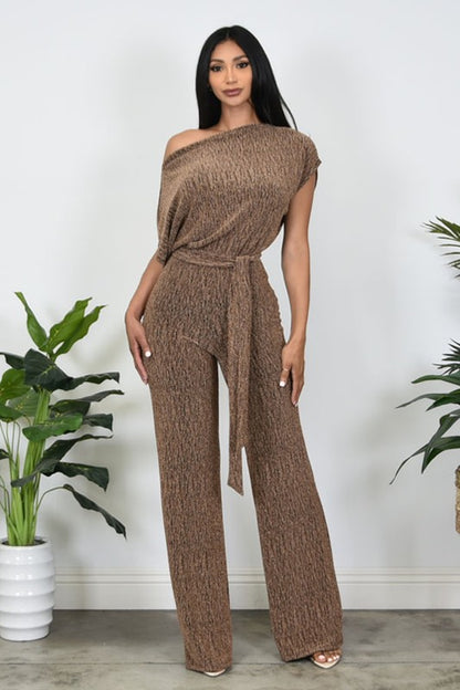 metallic off the shoulder jumpsuit