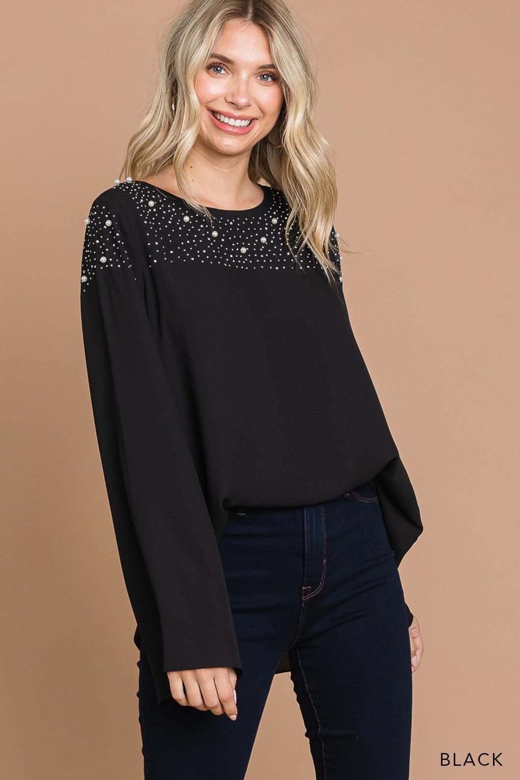 PLUS chiffon rhinestone/pearl bell sleeve top - RK Collections Boutique