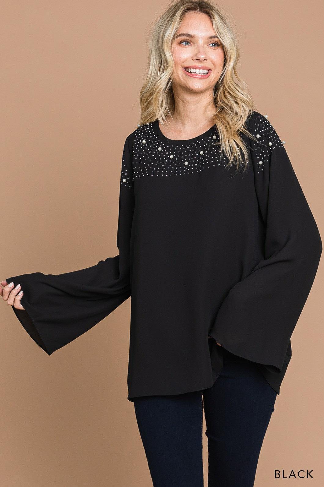 PLUS chiffon rhinestone/pearl bell sleeve top - RK Collections Boutique