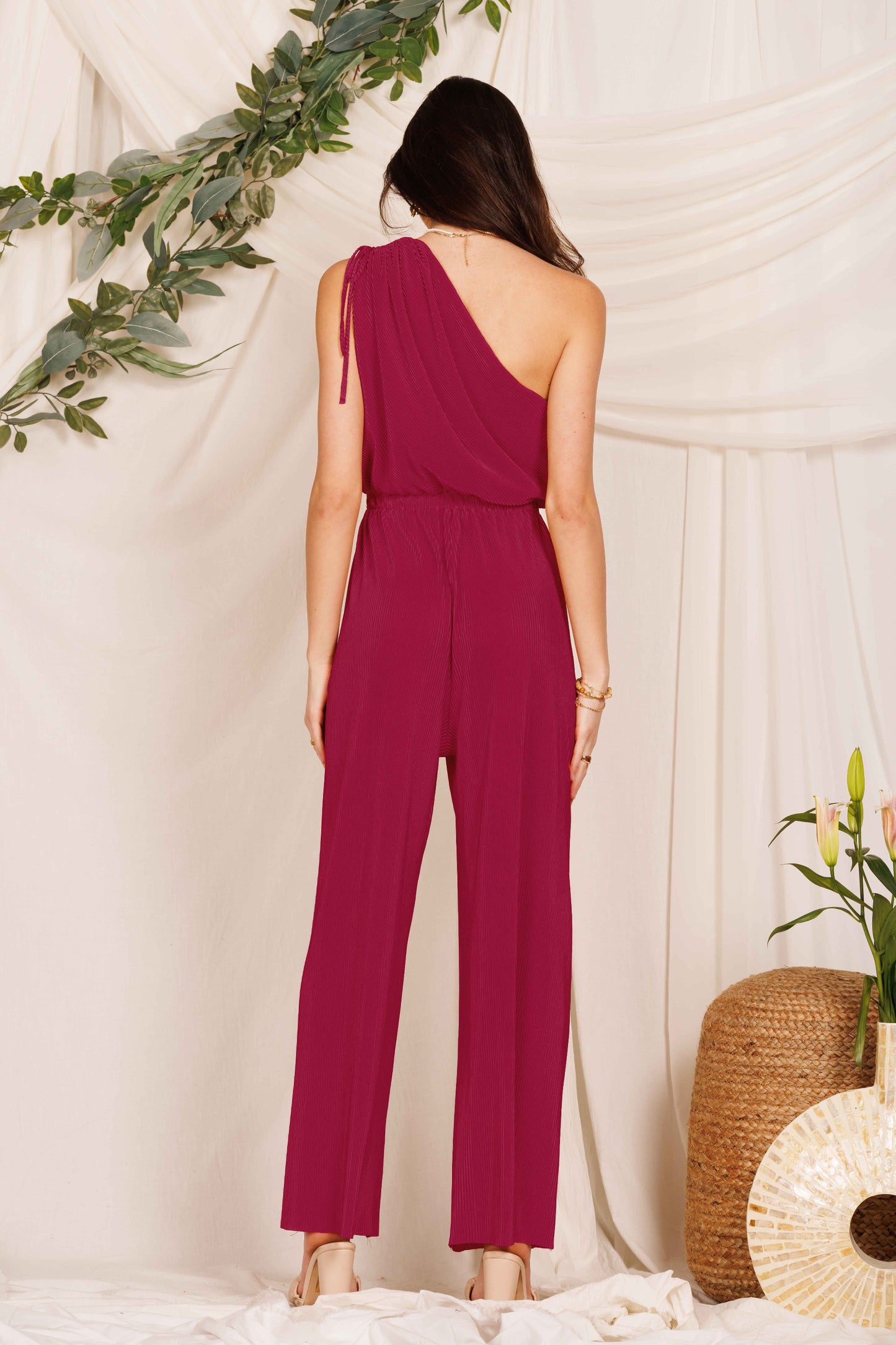 one shoulder pleated drawstring jumpsuit