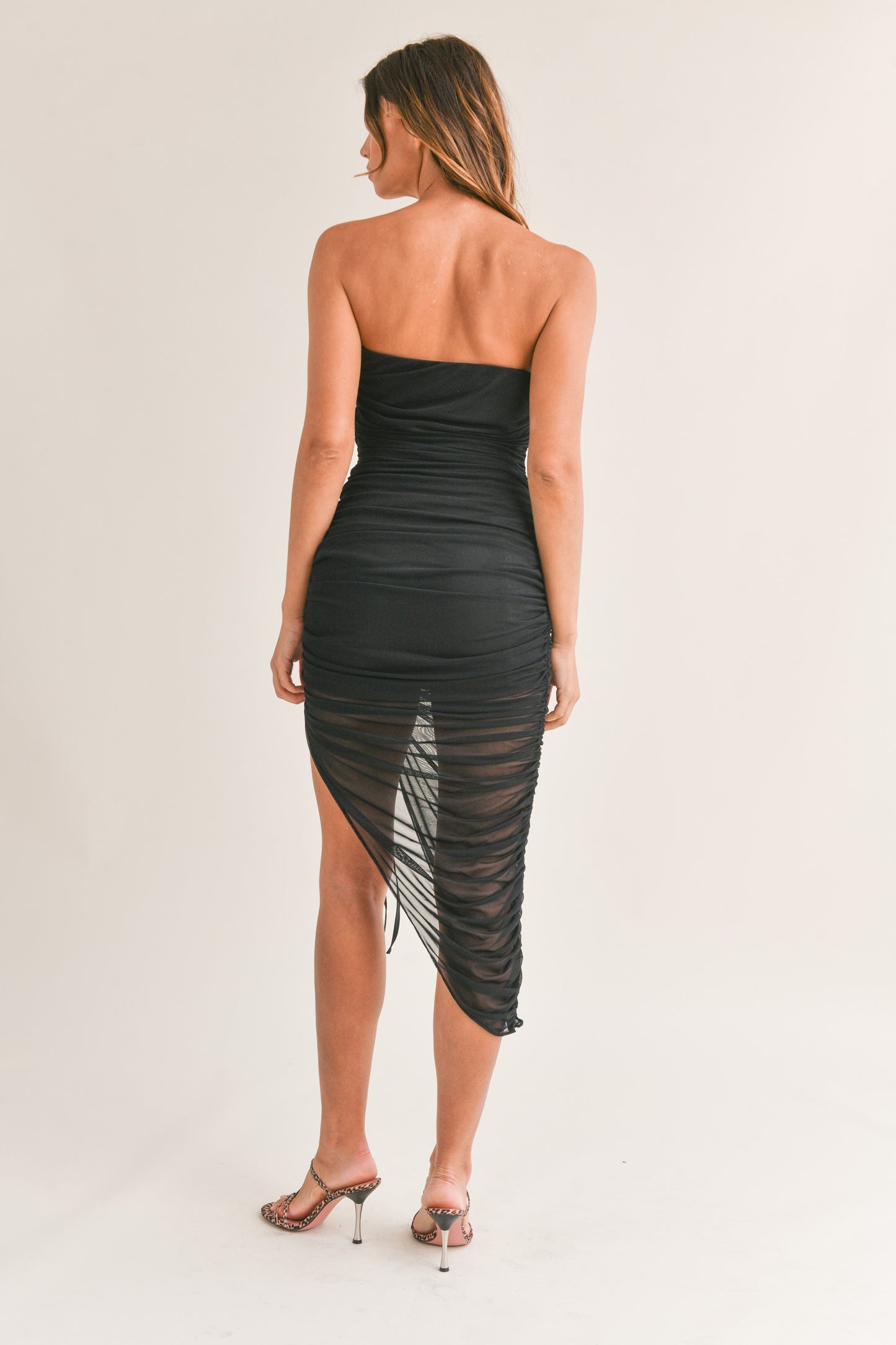 mesh asymmetric drawstring ruched midi dress
