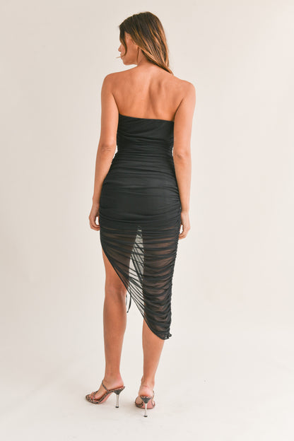 mesh asymmetric drawstring ruched midi dress