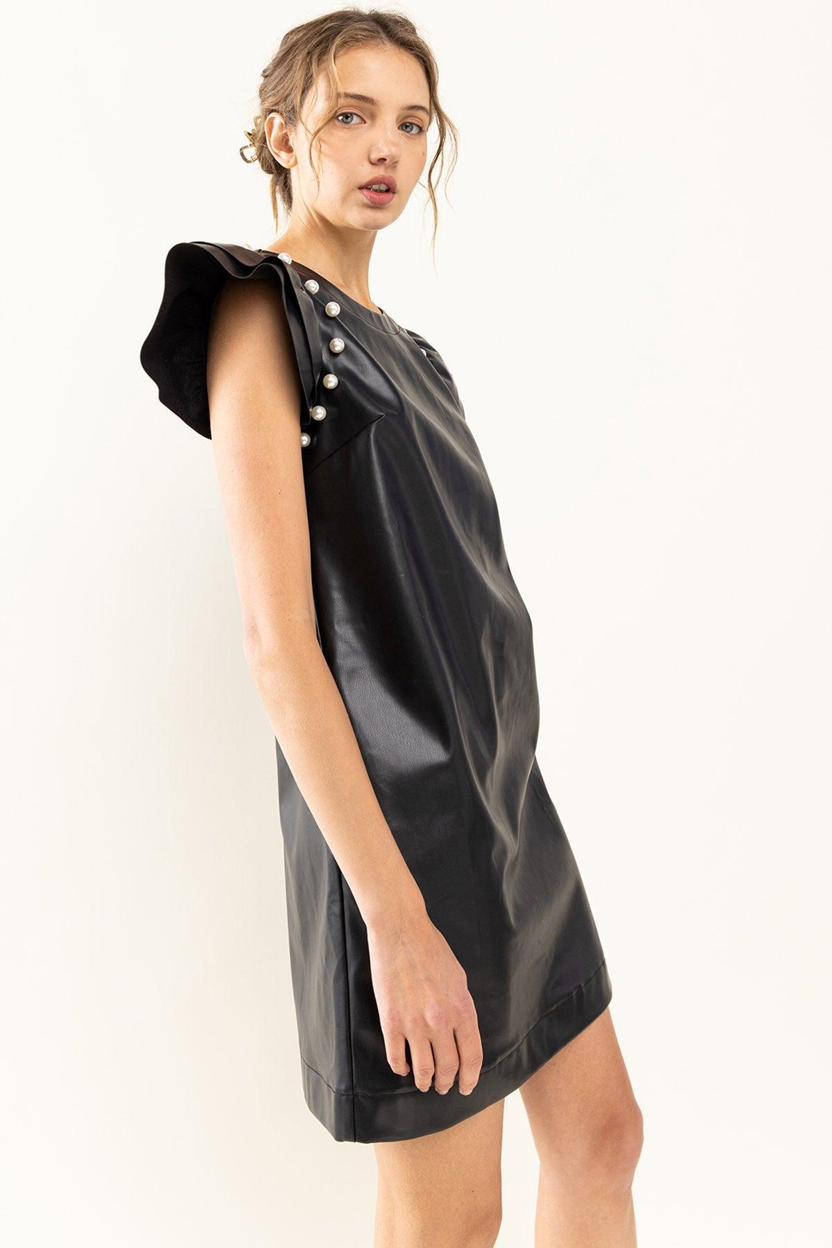 pearl detail faux leather ruffle sleeve sheath dress - RK Collections Boutique