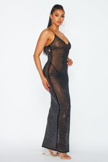 rhinestone studden sheer sleeveless maxi dress - alomfejto