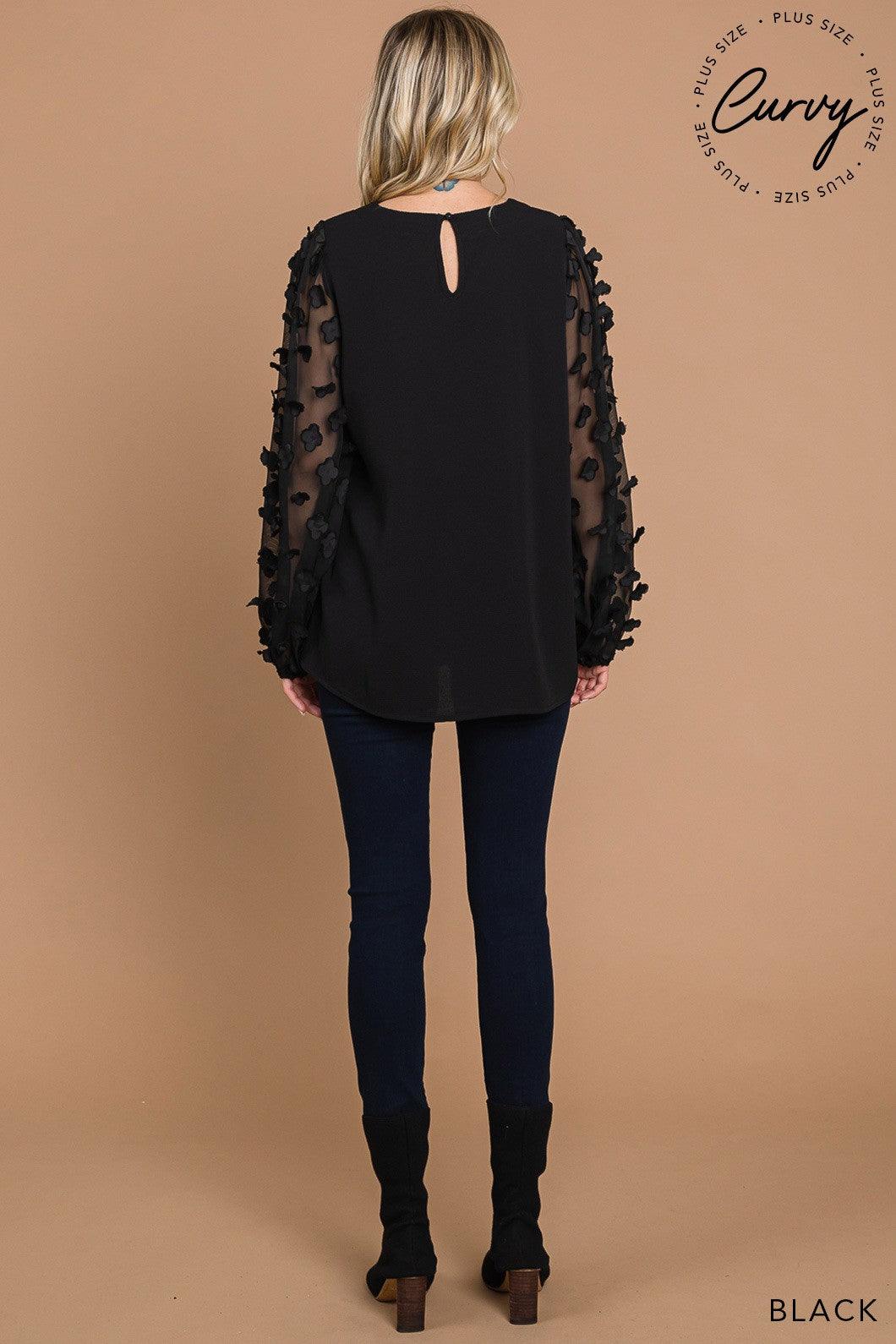 PLUS floral applique sheer long sleeve top - RK Collections Boutique