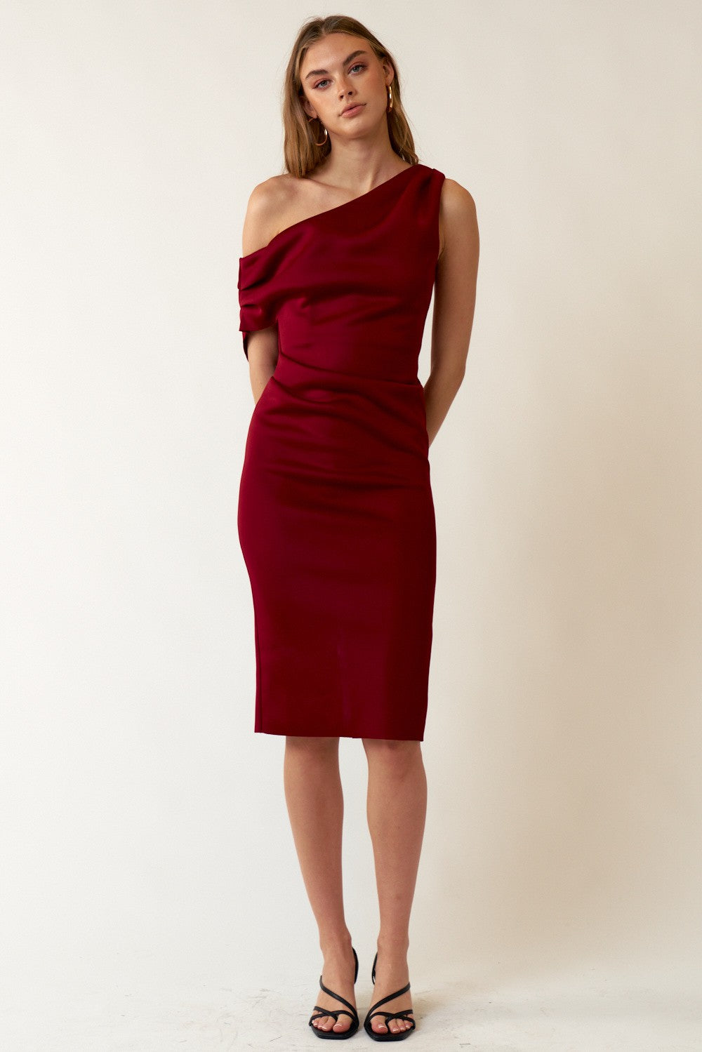 Neoprene Off One Shoulder Midi Dress Burgundy / Large Neoprene Off One Shoulder Midi Dress Burgundy / Large