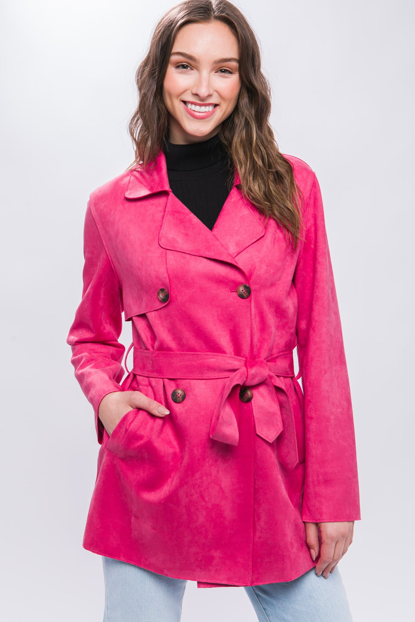 Belted Faux Suede Trench Coat