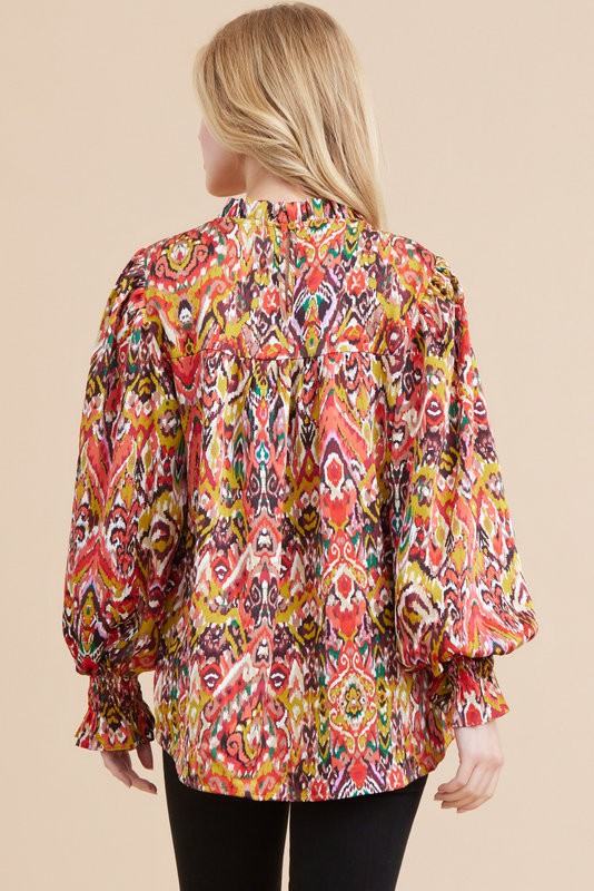 ruffle neck abstract print long sleeve blouse
