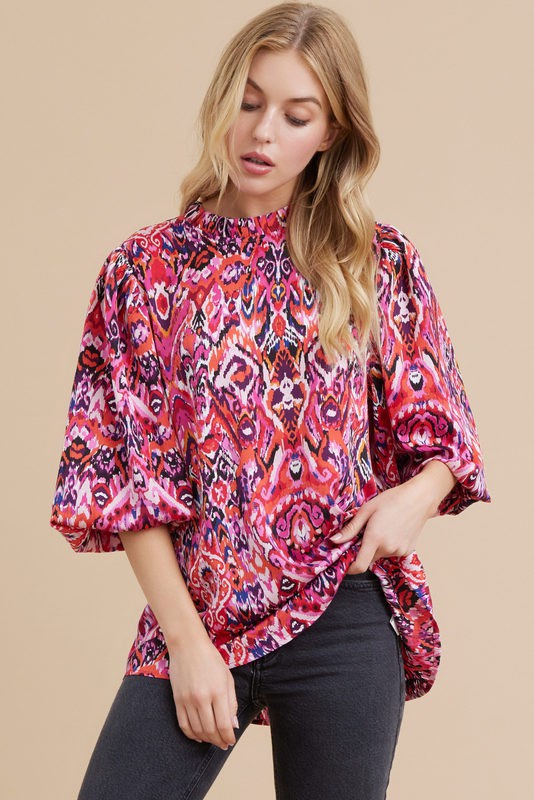 ruffle neck abstract print long sleeve blouse