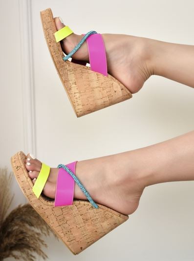 rhinestone & neon strap cork wedge